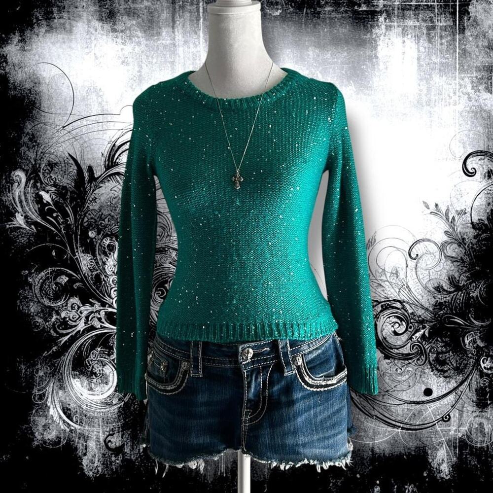 scattered silver sequins teal open-knit daily sweater top
